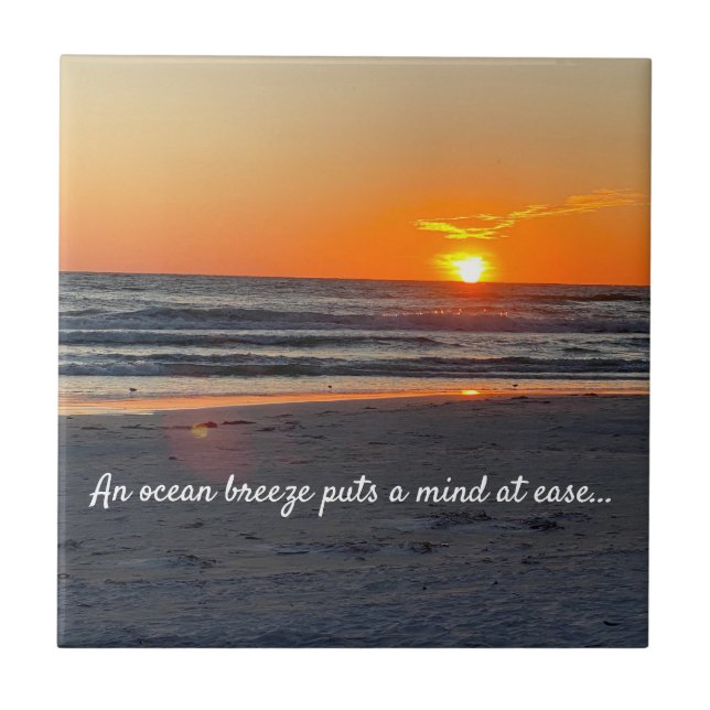 Ocean Breeze Quote With Beautiful Sunset Ceramic Tile (Front)
