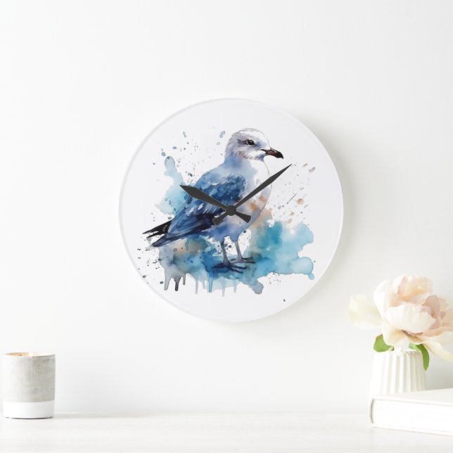 Ocean Breeze: Watercolor Seagull Large Clock (Home)
