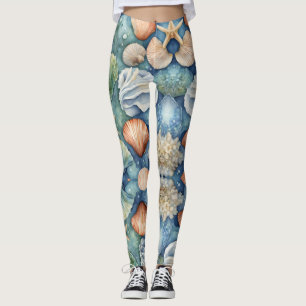 Ocean Breeze Watercolor: Seashell and Starfish Leggings