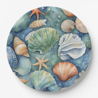 Ocean Breeze Watercolor: Seashell and Starfish Paper Plate
