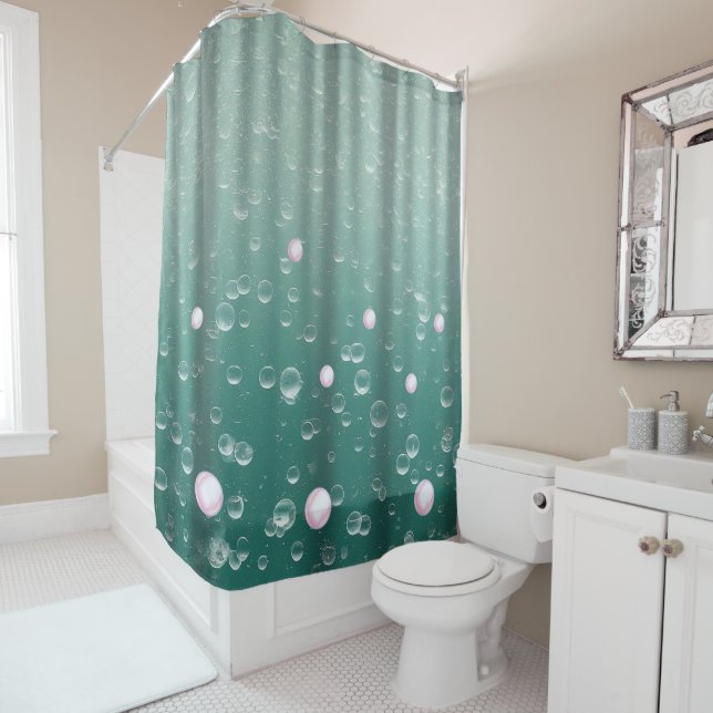 Ocean Bubbles gradient sea green shower Curtain (In Situ)