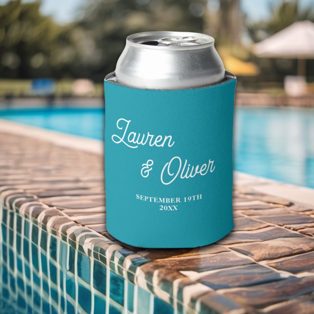 Ocean Calm Blue Script Minimalist Wedding Can Cooler (Creator Uploaded)