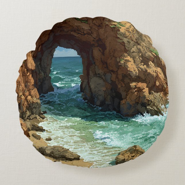 Ocean cave pixel art round cushion (Front)