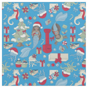 ocean christmas black mermaid seahorse jellyfish fabric