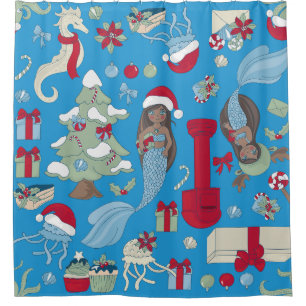 ocean christmas black mermaid seahorse jellyfish shower curtain