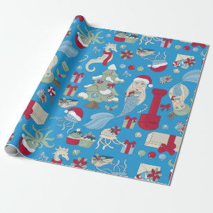 ocean christmas mermaid seahorse santa jellyfish wrapping paper
