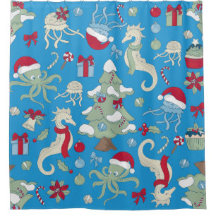 ocean christmas seahorse santa octopus jellyfish shower curtain