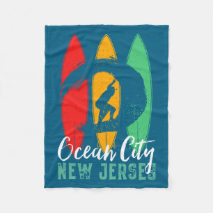 Ocean City Beach New Jersey Vintage Retro Surfing  Fleece Blanket