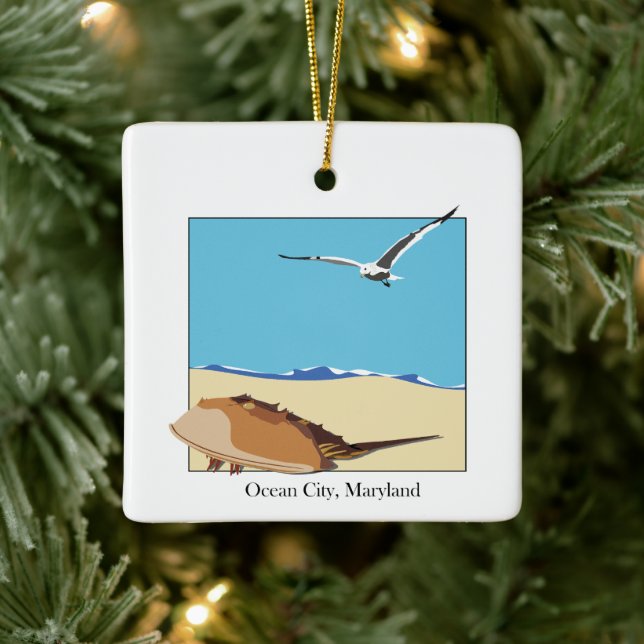 Ocean City, Maryland Horseshoe Crab Seagull Beach Ceramic Ornament (Tree)