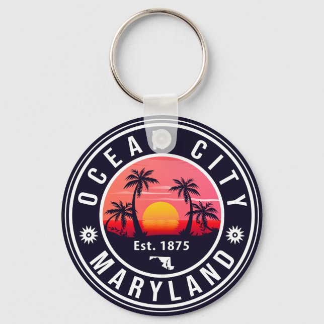 Ocean City Maryland Retro Sunset Souvenirs 60s Key Ring (Front)