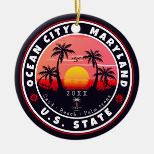 Ocean City Maryland Retro Sunset Souvenirs 80s Ceramic Ornament