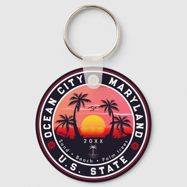 Ocean City Maryland Retro Sunset Souvenirs 80s Key Ring (Front)