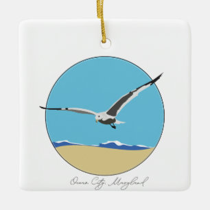 Ocean City, Maryland Sea Gull over Beach Ceramic Ornament