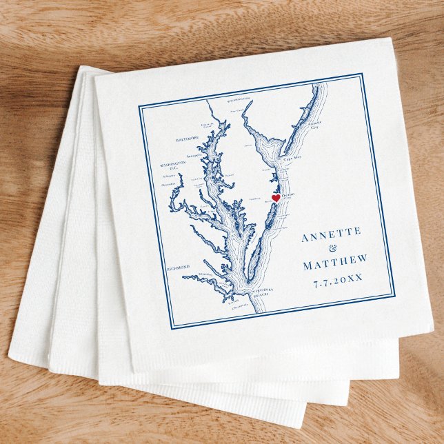 Ocean City MD Elegant Navy Blue Map Wedding Napkin (These Ocean City, MD map cocktail napkins are perfect for your Maryland destination wedding.)