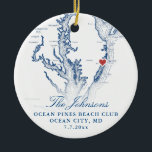Ocean City MD Map Navy Wedding Photo Christmas Ceramic Ornament<br><div class="desc">Commemorate your Ocean City, MD wedding with our personalised wedding keepsake Christmas ornament featuring a navy blue Chesapeake Bay map theme and your wedding photo on the back. Perfect for Ocean City, Maryland weddings at venues like the Ocean Pines Beach Club, Princess Royale Oceanfront Resort, Clarion Resort Fontainebleau Hotel, Dunes...</div>