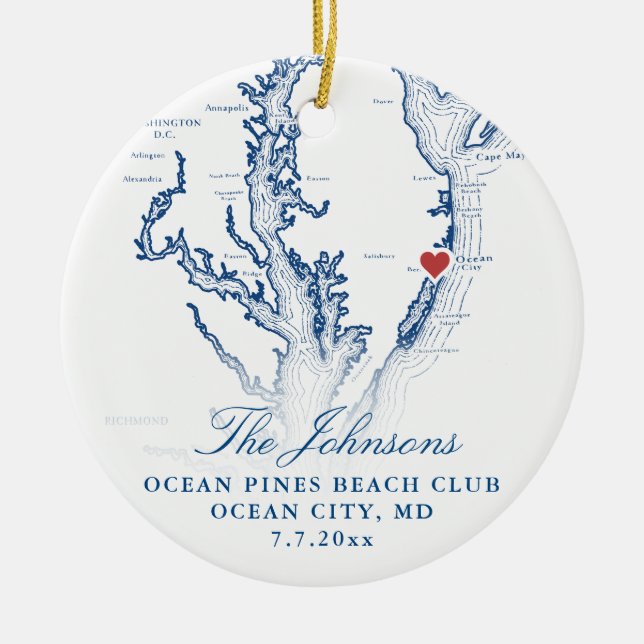 Ocean City MD Map Navy Wedding Photo Christmas Ceramic Ornament (Front)