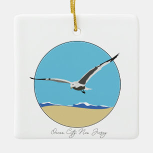 Ocean City, New Jersey Sea Gull over Beach Ceramic Ornament