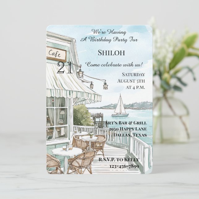 Ocean Coast Cafe Birthday Invitation (Standing Front)