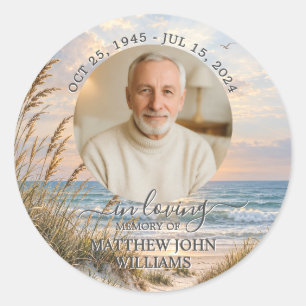 Ocean Coastal Sunset Male Photo Funeral Memorial Classic Round Sticker
