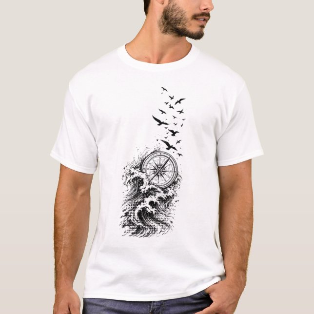 Ocean Compass Birds Wave Adventure T-Shirt (Front)