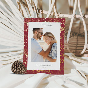 Ocean Coral Border Vertical Photo Foil Holiday Card