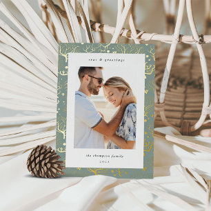 Ocean Coral Border   Vertical Photo Foil Holiday Card