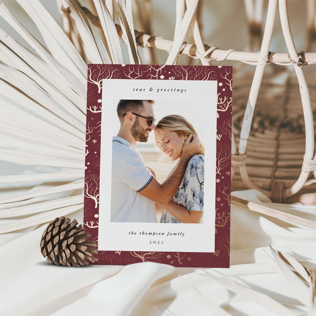 Ocean Coral Border | Vertical Photo Foil Holiday Card (Creator Uploaded)