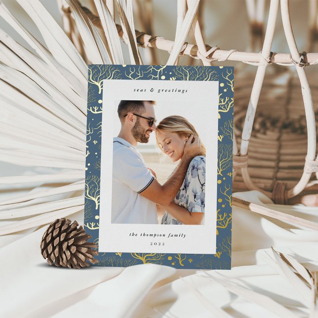 Ocean Coral Border | Vertical Photo Foil Holiday Card (Creator Uploaded)