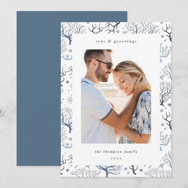 Ocean Coral Border | Vertical Photo Holiday Card (Front/Back)