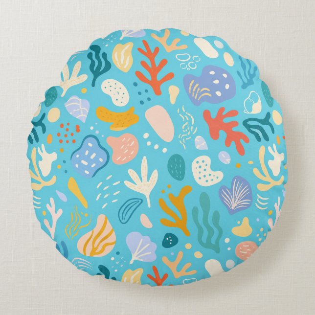 Ocean Coral Reef Abstract Seamless Pattern Round Cushion (Front)