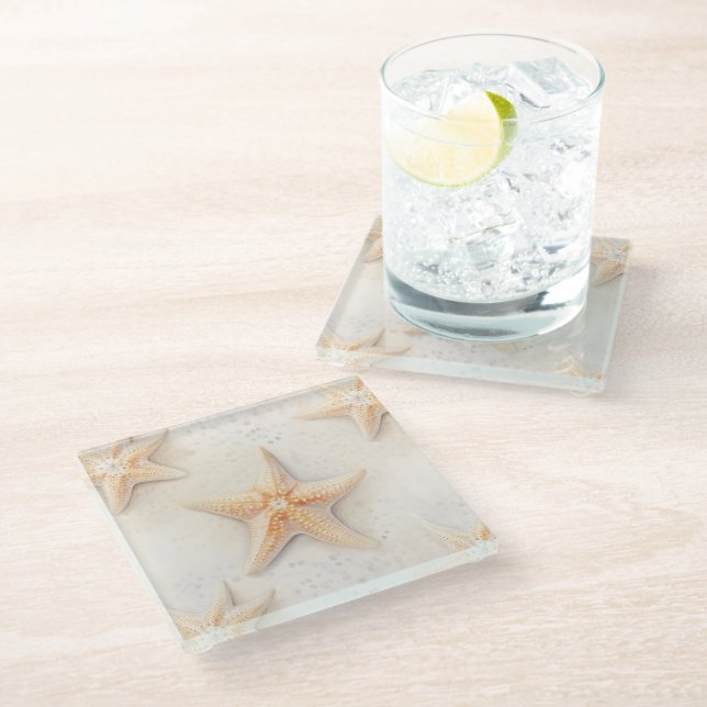 Ocean Cream Peach Beach Starfish  Glass Coaster (Angled)