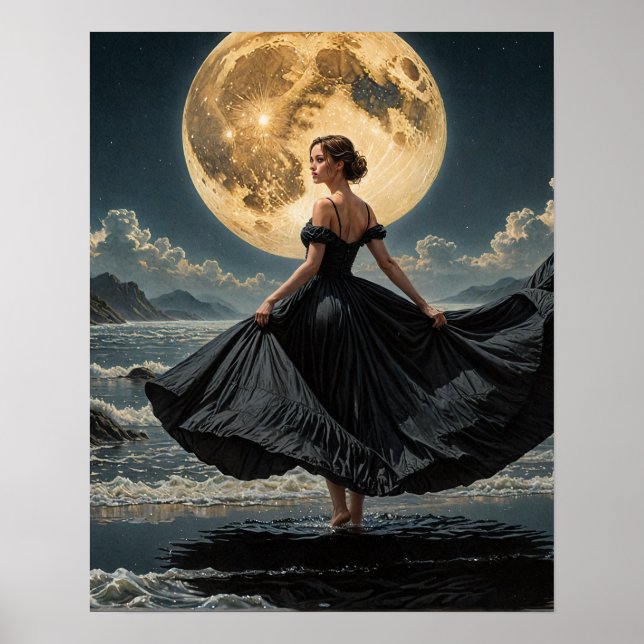 Ocean Dance Under the Moon Woman in Black Dress Poster (Front)