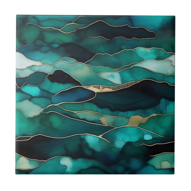 Ocean Depths Abstract Ink Ceramic Tile (Front)