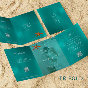 Ocean destination wedding photo QR RSVP details  Tri-Fold Invitation