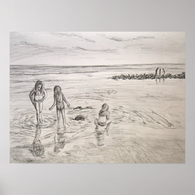 Ocean Discoveries Beach Day Pencil Art Drawing Poster (Front)