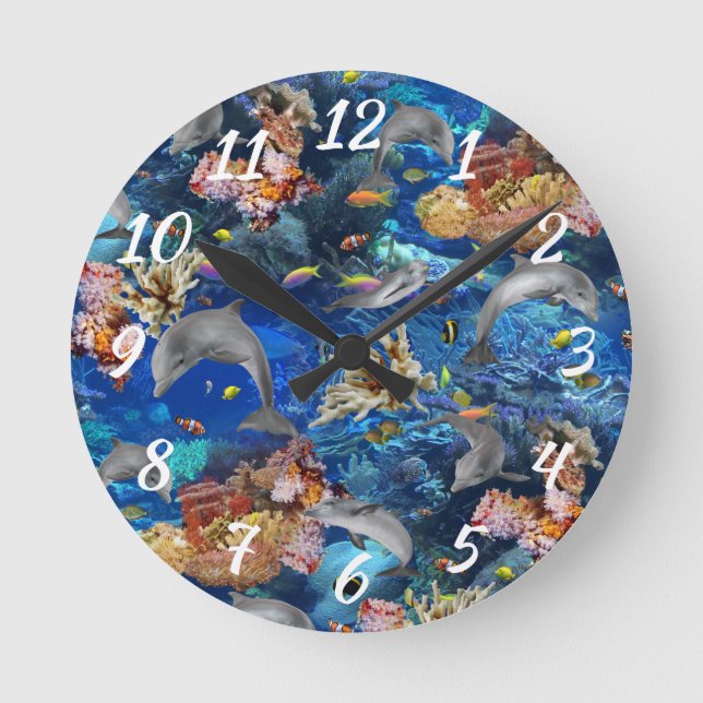 Ocean Dolphins Swimming Around Coral Reef Round Clock (Front)