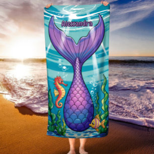 Ocean Dream Mermaid Tail Seahorse Underwater Beach Towel