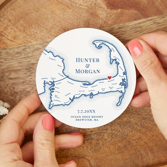 Ocean Edge Brewster MA Cape Cod Wedding Round Paper Coaster (Brewster MA Ocean Edge Resort Cape Cod Map Wedding Favor Coaster in elegant navy blue)