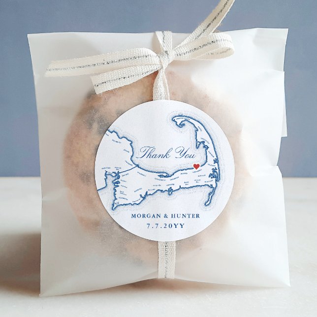 Ocean Edge Cape Cod Map Thank You Wedding Favour Classic Round Sticker (Ocean Edge Resort Thank You wedding favor sticker label in elegant navy blue by Coastal Map Designs)