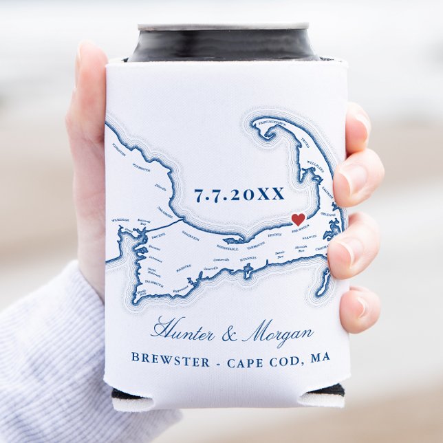 Ocean Edge Resort Cape Cod Wedding Favour Can Cooler (Elegant Ocean Edge Resort Wedding Favor Can Coozie with map of Brewster on Cape Cod Massachusetts)