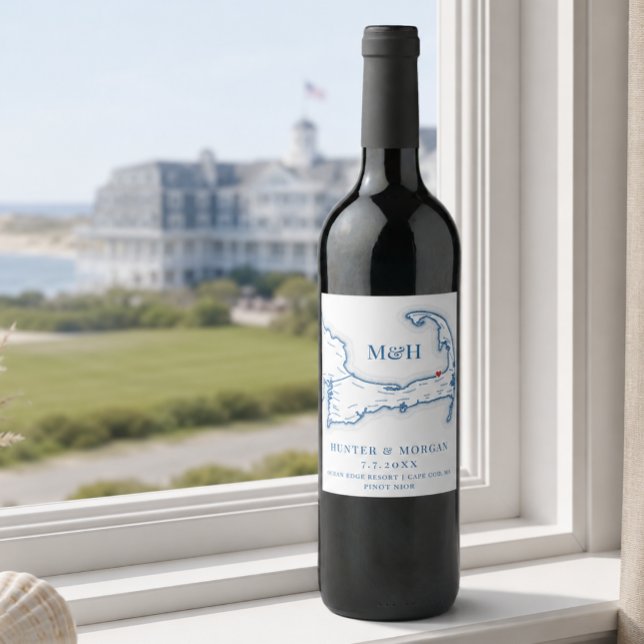 Ocean Edge Resort Wedding Cape Cod Map   Wine Label (Ocean Edge Resort Wedding Favor Cape Cod Map Wine Bottle Label for Welcome Bag by Coastal Map Design)
