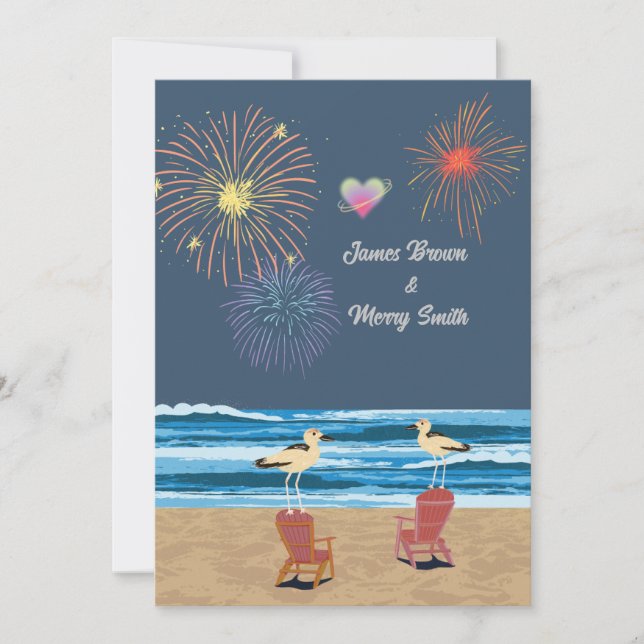 Ocean Fireworks Night Beach Seagulls Wedding Invitation (Front)