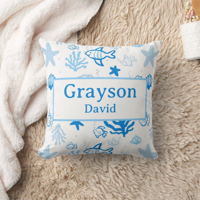 Ocean Fish Custom Name Nursery Boys Room Art Cushion (Blanket)