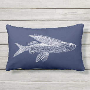Ocean Fish Navy Blue White Outdoor  Lumbar Pillow