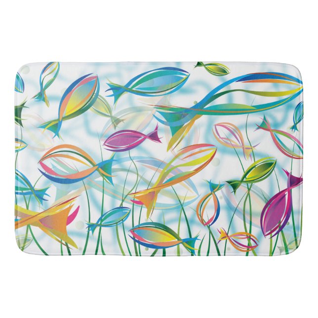 Ocean Fish Swimming Blue Modern Illustration Bath Mat (Front)