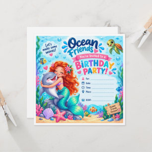 Ocean Friends Mermaid & Dolphin Birthday Invitatio Invitation