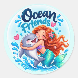 Ocean Friends Mermaid & Dolphin Classic Round Stic Sticker