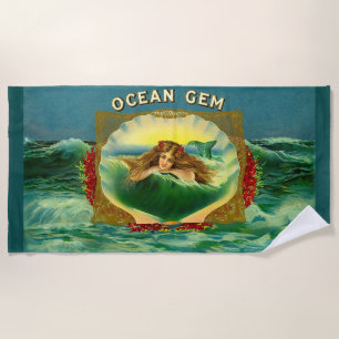 Ocean Gem mermaid cigar label print Beach Towel