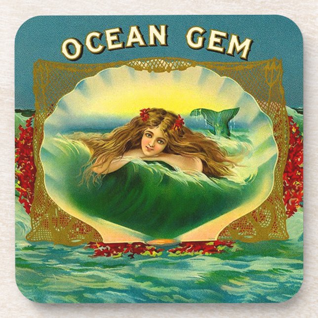 Ocean Gem mermaid cigar label print Coaster (Front)