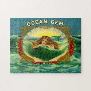 Ocean Gem mermaid cigar label print Jigsaw Puzzle